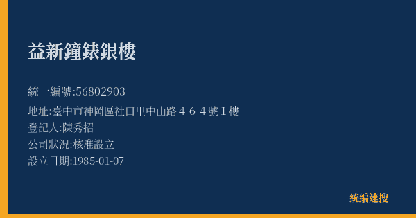益新鐘錶銀樓的照片-統編 56802903(臺中市) 公司登記資料與營業項目詳細圖表