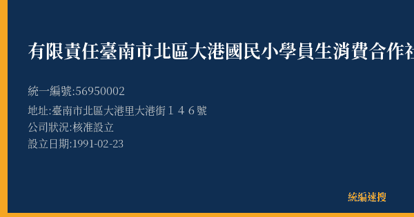 有限責任臺南市北區大港國民小學員生消費合作社的照片-統編 56950002(臺南市) 公司登記資料與營業項目詳細圖表