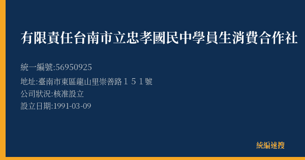 有限責任台南市立忠孝國民中學員生消費合作社的照片-統編 56950925(臺南市) 公司登記資料與營業項目詳細圖表