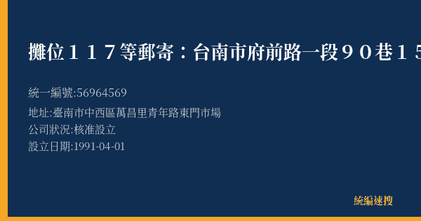 攤位117等郵寄:台南市府前路一段90巷15號的照片-統編 56964569(臺南市) 公司登記資料與營業項目詳細圖表