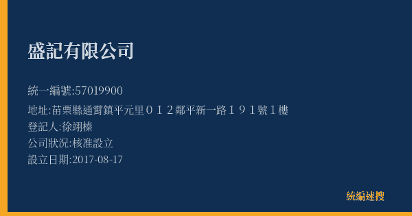 盛記有限公司的照片-統編 57019900(苗栗縣) 公司登記資料與營業項目詳細圖表