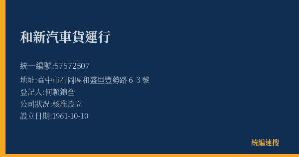 和新汽車貨運行的照片-統編 57572507(臺中市) 公司登記資料與營業項目詳細圖表