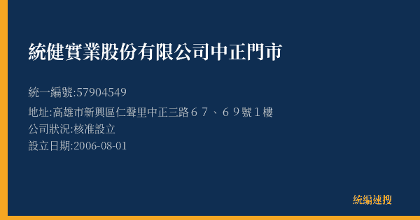 統健實業股份有限公司中正門市的照片-統編 57904549(高雄市) 公司登記資料與營業項目詳細圖表