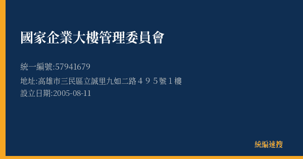 國家企業大樓管理委員會的照片-統編 57941679(高雄市) 公司登記資料與營業項目詳細圖表