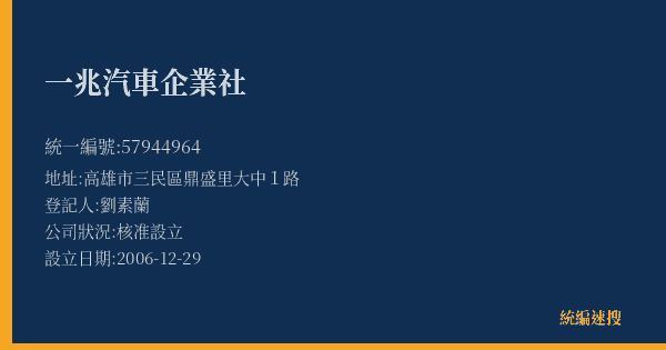 一兆汽車企業社的照片-統編 57944964(高雄市) 公司登記資料與營業項目詳細圖表