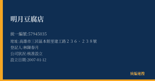 明月豆腐店的照片-統編 57945035(高雄市) 公司登記資料與營業項目詳細圖表