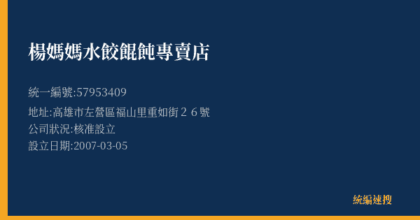 楊媽媽水餃餛飩專賣店的照片-統編 57953409(高雄市) 公司登記資料與營業項目詳細圖表