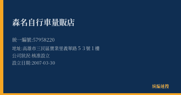 森名自行車量販店的照片-統編 57958220(高雄市) 公司登記資料與營業項目詳細圖表