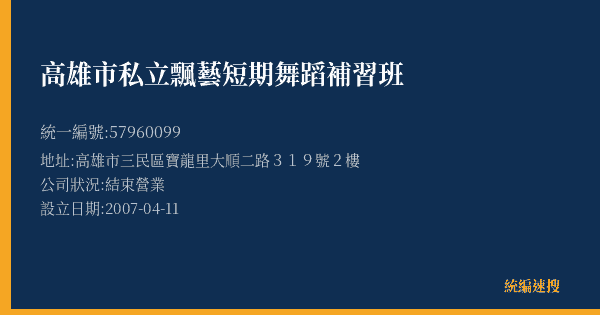 高雄市私立飄藝短期舞蹈補習班的照片-統編 57960099(高雄市) 公司登記資料與營業項目詳細圖表