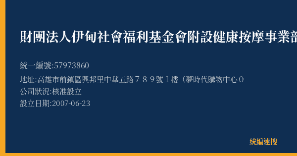 財團法人伊甸社會福利基金會附設健康按摩事業部夢時代按摩站的照片-統編 57973860(高雄市) 公司登記資料與營業項目詳細圖表