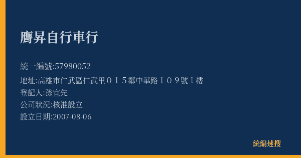 膺昇自行車行的照片-統編 57980052(高雄市) 公司登記資料與營業項目詳細圖表
