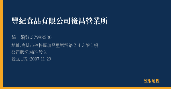 豐紀食品有限公司後昌營業所的照片-統編 57998530(高雄市) 公司登記資料與營業項目詳細圖表
