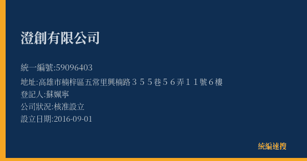 澄創有限公司的照片-統編 59096403(高雄市) 公司登記資料與營業項目詳細圖表