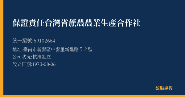 保證責任台灣省蔗農農業生產合作社的照片-統編 59102664(臺南市) 公司登記資料與營業項目詳細圖表