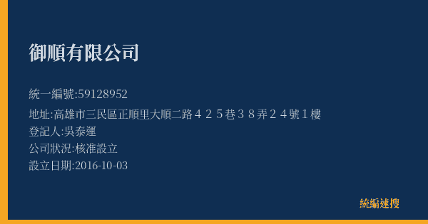 御順有限公司的照片-統編 59128952(高雄市) 公司登記資料與營業項目詳細圖表