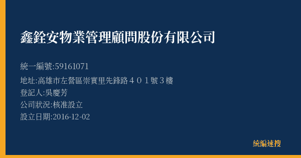 鑫銓安物業管理顧問股份有限公司的照片-統編 59161071(高雄市) 公司登記資料與營業項目詳細圖表