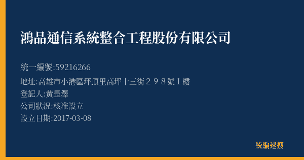 鴻品通信系統整合工程股份有限公司的照片-統編 59216266(高雄市) 公司登記資料與營業項目詳細圖表