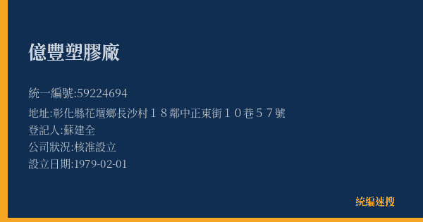 億豐塑膠廠的照片-統編 59224694(彰化縣) 公司登記資料與營業項目詳細圖表