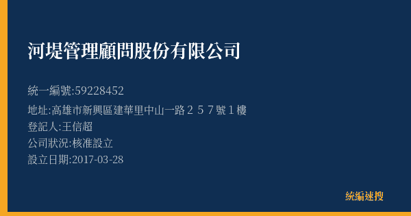 河堤管理顧問股份有限公司的照片-統編 59228452(高雄市) 公司登記資料與營業項目詳細圖表
