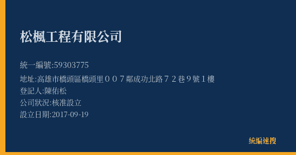 松楓工程有限公司的照片-統編 59303775(高雄市) 公司登記資料與營業項目詳細圖表