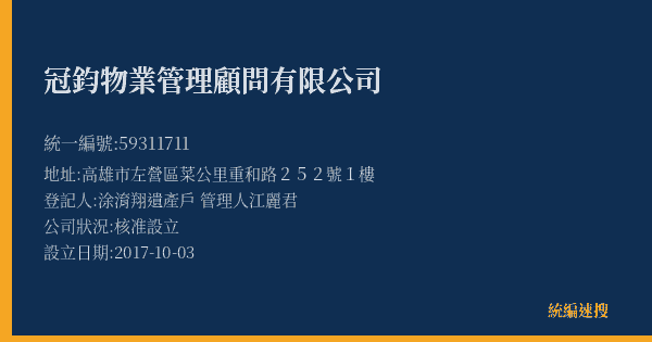 冠鈞物業管理顧問有限公司的照片-統編 59311711(高雄市) 公司登記資料與營業項目詳細圖表