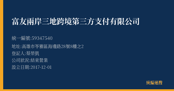 富友兩岸三地跨境第三方支付有限公司的照片-統編 59347540(高雄市) 公司登記資料與營業項目詳細圖表