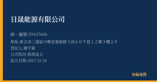 日晟能源有限公司的照片-統編 59437606(新北市) 公司登記資料與營業項目詳細圖表