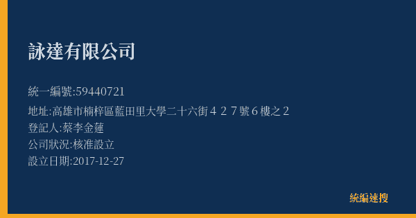 詠達有限公司的照片-統編 59440721(高雄市) 公司登記資料與營業項目詳細圖表