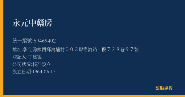 永元中藥房的照片-統編 59469402(彰化縣) 公司登記資料與營業項目詳細圖表