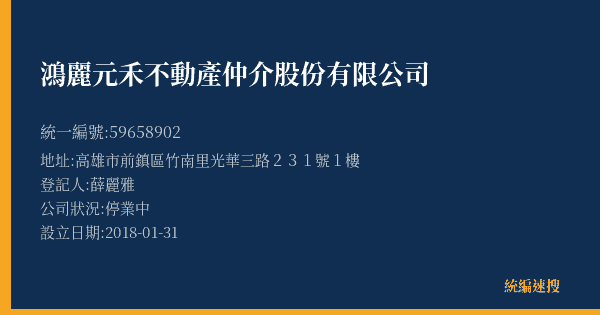 鴻麗元禾不動產仲介股份有限公司的照片-統編 59658902(高雄市) 公司登記資料與營業項目詳細圖表
