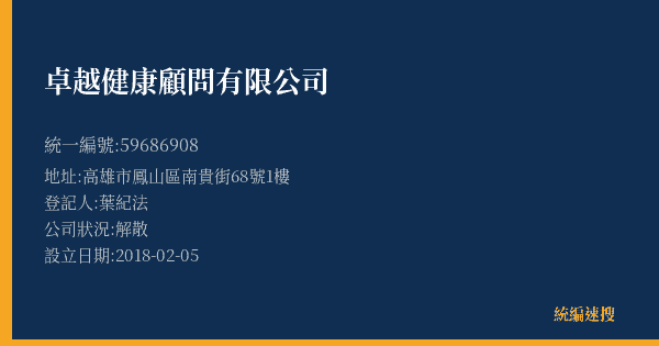 卓越健康顧問有限公司的照片-統編 59686908(高雄市) 公司登記資料與營業項目詳細圖表
