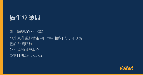 廣生堂藥局的照片-統編 59833802(彰化縣) 公司登記資料與營業項目詳細圖表