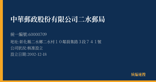 中華郵政股份有限公司二水郵局的照片-統編 60000709(彰化縣) 公司登記資料與營業項目詳細圖表