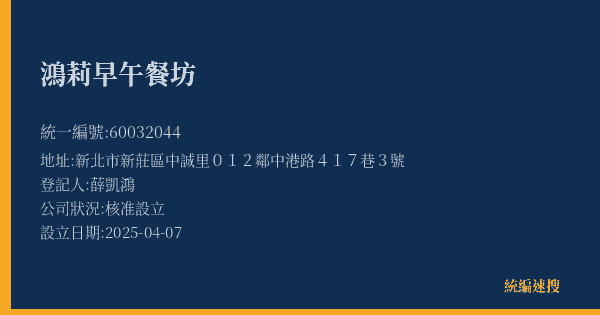 鴻莉早午餐坊的照片-統編 60032044(新北市) 公司登記資料與營業項目詳細圖表