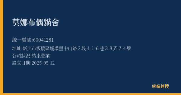 莫娜布偶貓舍的照片-統編 60041281(新北市) 公司登記資料與營業項目詳細圖表