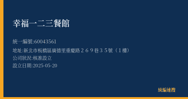 幸福一二三餐館的照片-統編 60043561(新北市) 公司登記資料與營業項目詳細圖表