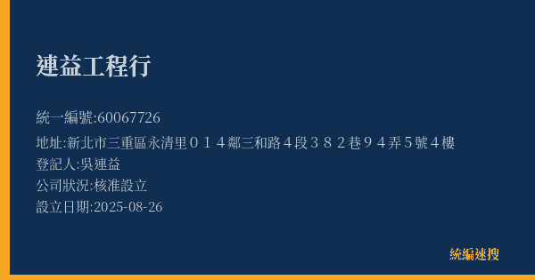 連益工程行的照片-統編 60067726(新北市) 公司登記資料與營業項目詳細圖表