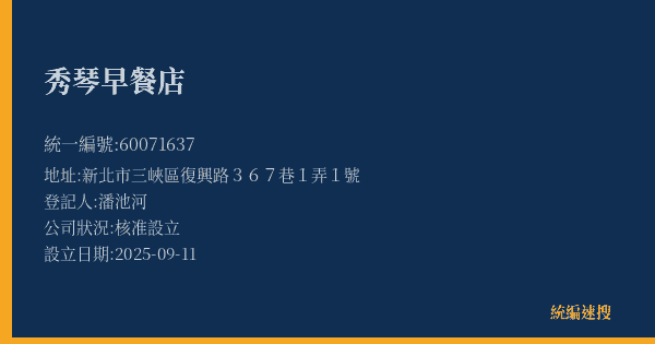 秀琴早餐店的照片-統編 60071637(新北市) 公司登記資料與營業項目詳細圖表
