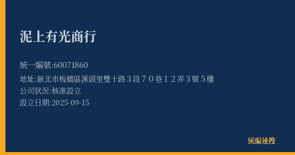 泥上有光商行的照片-統編 60071860(新北市) 公司登記資料與營業項目詳細圖表