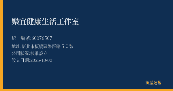 樂宜健康生活工作室的照片-統編 60076507(新北市) 公司登記資料與營業項目詳細圖表