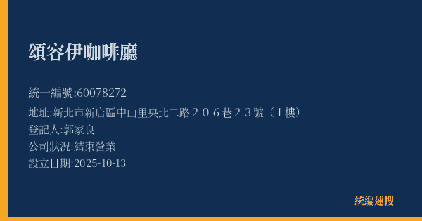 頌容伊咖啡廳的照片-統編 60078272(新北市) 公司登記資料與營業項目詳細圖表