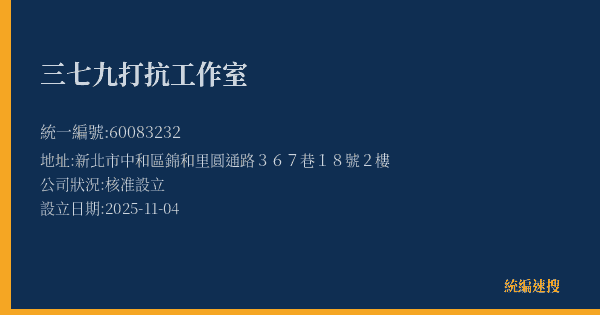 三七九打抗工作室的照片-統編 60083232(新北市) 公司登記資料與營業項目詳細圖表