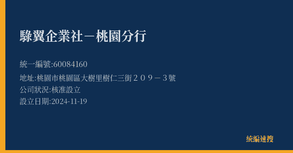騄翼企業社-桃園分行的照片-統編 60084160(桃園市) 公司登記資料與營業項目詳細圖表