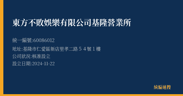 東方不敗娛樂有限公司基隆營業所的照片-統編 60086012(基隆市) 公司登記資料與營業項目詳細圖表
