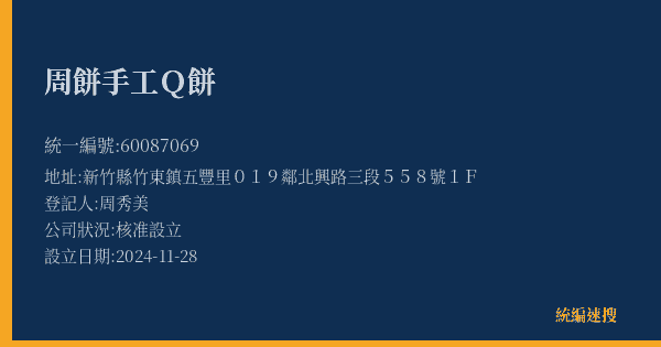 周餅手工Q餅的照片-統編 60087069(新竹縣) 公司登記資料與營業項目詳細圖表