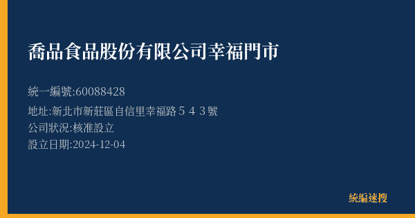 喬品食品股份有限公司幸福門市的照片-統編 60088428(新北市) 公司登記資料與營業項目詳細圖表