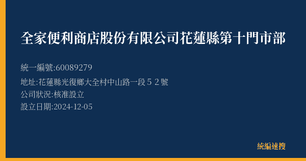 全家便利商店股份有限公司花蓮縣第十門市部的照片-統編 60089279(花蓮縣) 公司登記資料與營業項目詳細圖表