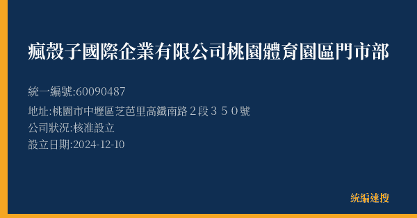 瘋殼子國際企業有限公司桃園體育園區門市部的照片-統編 60090487(桃園市) 公司登記資料與營業項目詳細圖表