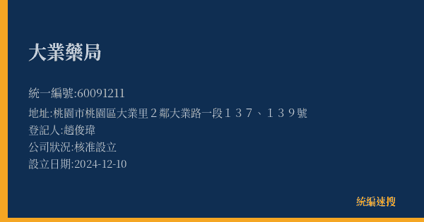 大業藥局的照片-統編 60091211(桃園市) 公司登記資料與營業項目詳細圖表