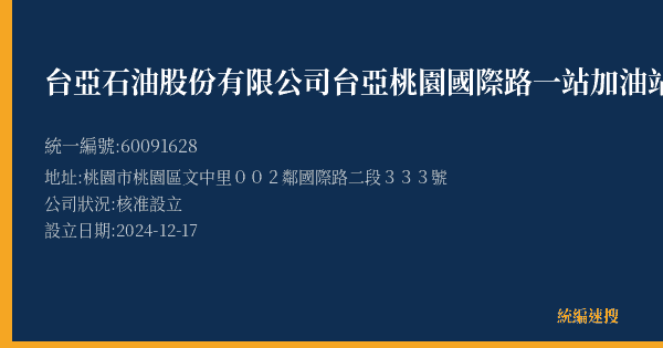 台亞石油股份有限公司台亞桃園國際路一站加油站的照片-統編 60091628(桃園市) 公司登記資料與營業項目詳細圖表